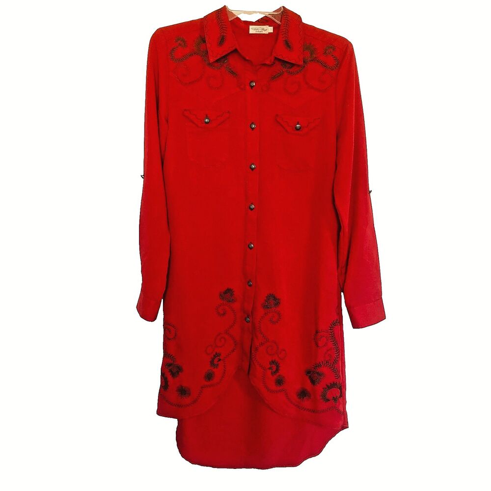 Tasha Polizzi Collection Embroidered Dress Boho Western Tunic Red rayon Size S